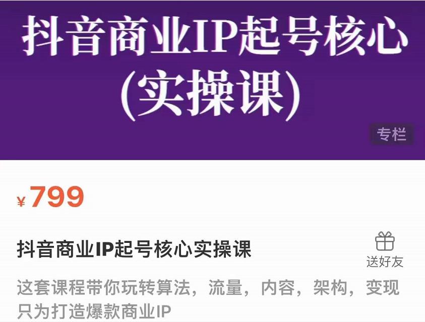 抖音商业IP起号核心实操课，带你玩转算法，流量，内容，架构，变现-升阶有道