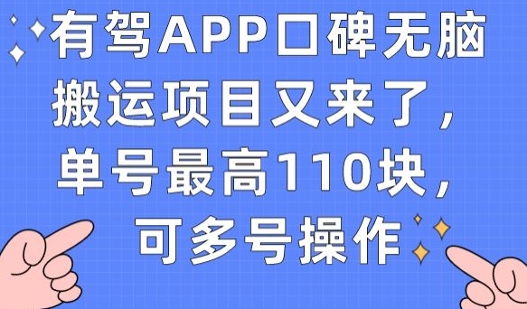 有驾APP口碑无脑搬运项目又来了，单号最高110块，可多号操作-升阶有道