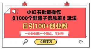 小红书批量操作《1000个野路子信息差》玩法,一分钟制作一个图文,不封号,日引100+创业粉-升阶有道