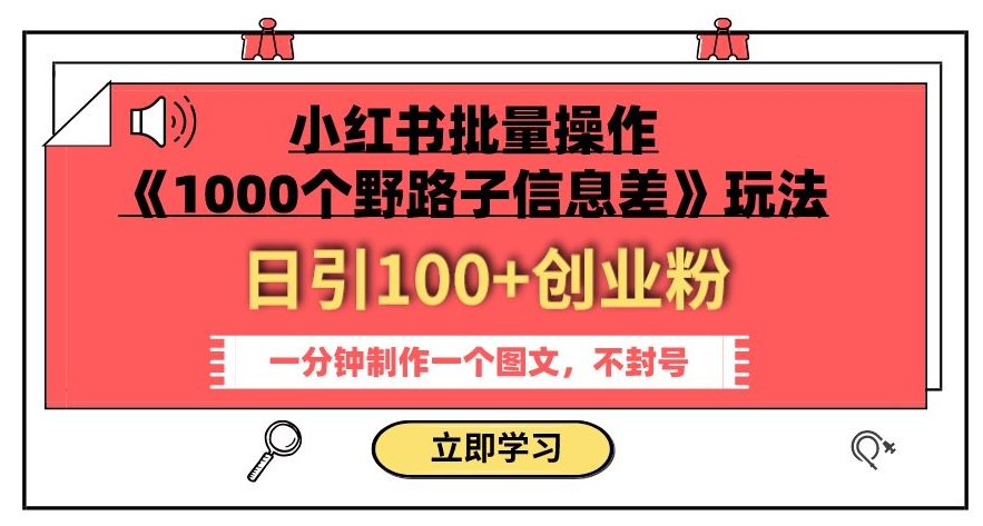 小红书批量操作《1000个野路子信息差》玩法，一分钟制作一个图文，不封号，日引100+创业粉-升阶有道