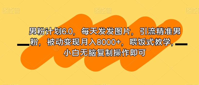 男粉计划6.0，每天发发图片，引流精准男粉，被动变现月入8000+，喂饭式教学，小白无脑复制操作即可-升阶有道