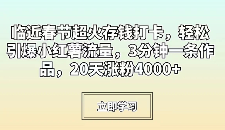 临近春节超火存钱打卡，轻松引爆小红薯流量，3分钟一条作品，20天涨粉4000+【揭秘】-升阶有道