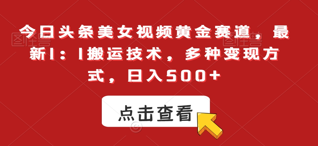 今日头条美女视频黄金赛道，最新1：1搬运技术，多种变现方式，日入500+【揭秘】-升阶有道