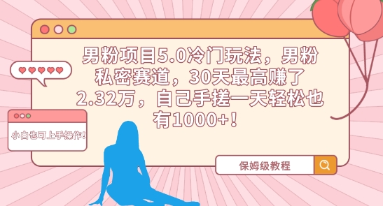 男粉项目5.0冷门玩法，男粉私密赛道，30天最高赚了2.32万，自己手搓一天轻松也有1000+【揭秘】-升阶有道