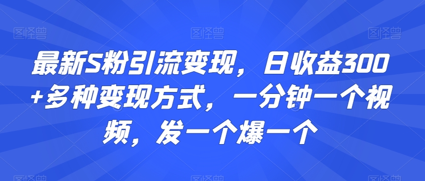 最新S粉引流变现，日收益300+多种变现方式，一分钟一个视频，发一个爆一个【揭秘】-升阶有道