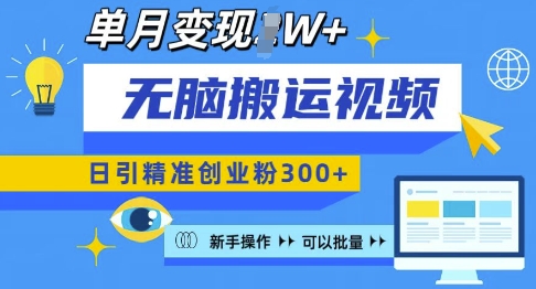 无脑搬运视频号可批量复制，新手即可操作，日引精准创业粉300+，月变现过W 【揭秘】-升阶有道