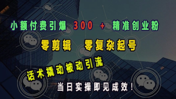 小额付费引爆 300 + 精准创业粉，零剪辑、零复杂起号，话术撬动被动引流，当日实操即见成效-升阶有道