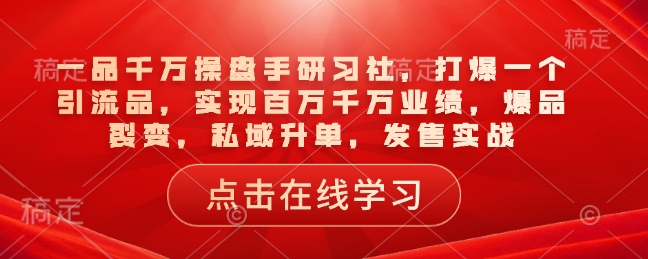 一品千万操盘手研习社，打爆一个引流品，实现百万千万业绩，爆品裂变，私域升单，发售实战-升阶有道