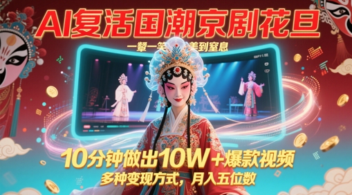AI复活国潮京剧花旦，一颦一笑美到窒息，10分钟做出10W+爆款视频，多种变现方式，月入五位数-升阶有道