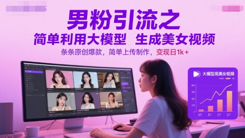 男粉引流之简单利用大模型生成美女视频，条条原创爆款，简单上传制作，变现日1k+-升阶有道