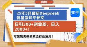 25年5月最新Deepseek批量做知乎长文,日引300+创业粉,日入1k+,可复制调教公式全行业适用-升阶有道