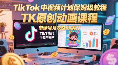 TikTok中视频计划保姆级教程，TK原创动画课程，单账号月收益4k美刀-升阶有道
