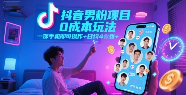 抖音男粉项目0成本玩法，一部手机即可操作，日均4张+，时间自由-升阶有道