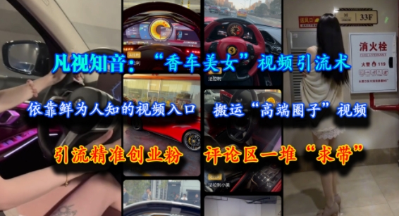 凡视知音：“香车美女”视频引流术，依靠鲜为人知的视频入口，搬运“高端圈子”视频，引流精准创业粉，评论区一堆“求带”-升阶有道