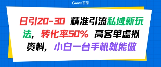 日引 20-30 精准引流私域新玩法，转化率50% 高客单虚拟资料，小白一台手机就能做-升阶有道