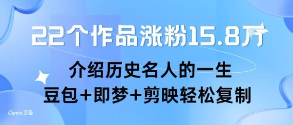 22个作品涨粉15.8W ，介绍历史名人的一生 ， 豆包+即梦+剪映轻松复制-升阶有道