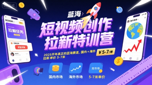 短视频创作拉新特训营，2025开年真正的蓝海赛道，国内+海外，拉新单价5-7米-升阶有道
