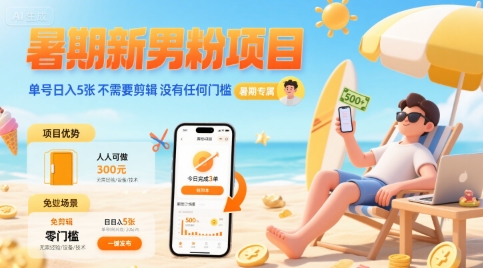 暑期新男粉项目 单号日入5张 不需要剪辑  没有任何门槛-升阶有道