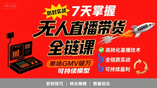 无人直播带货全链防封实战课，7天掌握高转化直播技术，实现单场GMV破万可持续模型-升阶有道