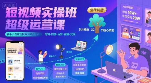 短视频实操班超级运营课，新手小白到短视频大神必修课程，剪辑-拍摄-运营-直播-变现-升阶有道