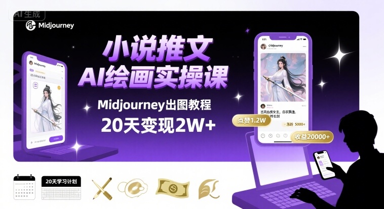 小说推文干货分享之AI绘画MJ出图实操课，用Midjourney做小说推文，20天挣2w-升阶有道