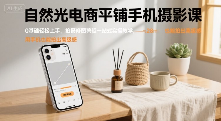 自然光电商平铺手机摄影课，0基础轻松上手，拍摄修图剪辑一站式实操教学，用手机也能拍出高级感-升阶有道