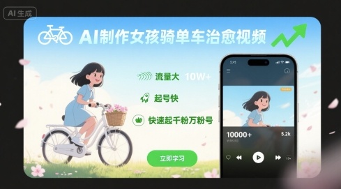 AI制作女孩骑单车治愈视频，流量大，起号快，快速起千粉万粉号-升阶有道