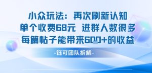 小众玩法再次刷新认知单个收费68米进群人数很多每篇帖子能带来6张的收益-升阶有道