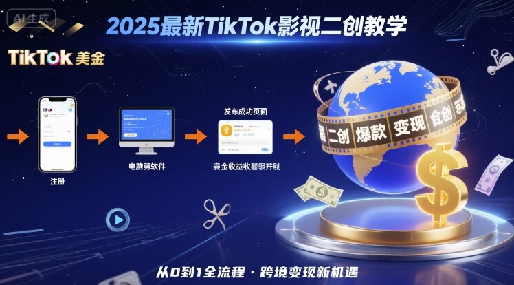 2025年最新TikTok影视二创教学，从注册到发布撸美金全流程，跨境变现新机遇-升阶有道