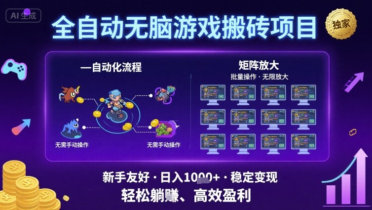 全自动无脑游戏搬砖项目，独家玩法，可批量矩阵无限放大，新手也能轻松日入1k+【揭秘】-升阶有道