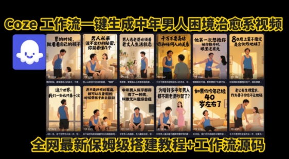 coze工作流一键生成”中年男人困境扎心高涨粉高播放量图文视频”保姆级拆解教程，无需剪辑，无需拍摄写文案-升阶有道