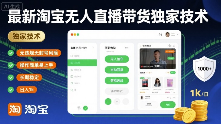 最新淘宝无人直播带货独家技术，无违规无封号风险，操作简单易上手，长期稳定日入1k【揭秘】-升阶有道