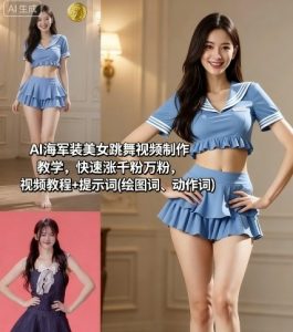 AI海军装美女跳舞视频制作教学,快速涨千粉万粉,视频教程+提示词(绘图词、动作词)-升阶有道