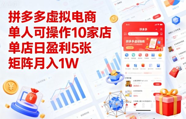 拼多多虚拟电商，单人可操作10家店，单店日盈利5张，矩阵月入1W+【揭秘】-升阶有道