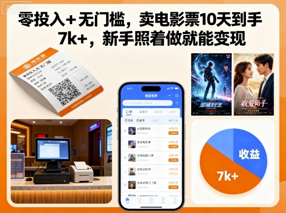 零投入+无门槛，卖电影票10天到手7k+，新手照着做就能变现【揭秘】-升阶有道