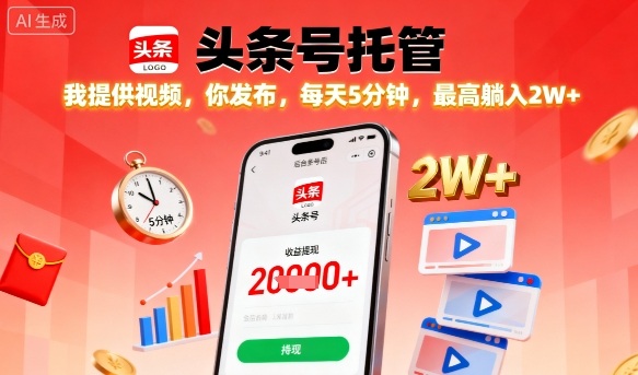 【头条号托管】我提供视频，你发布，每天5分钟，最高躺入2W+【揭秘】-升阶有道