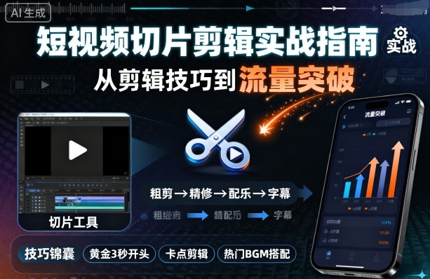 短视频切片剪辑实战指南，从剪辑技巧到流量突破-升阶有道