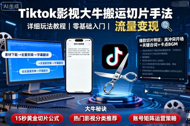 Tiktok影视大牛搬运切片手法，详细玩法教程-升阶有道