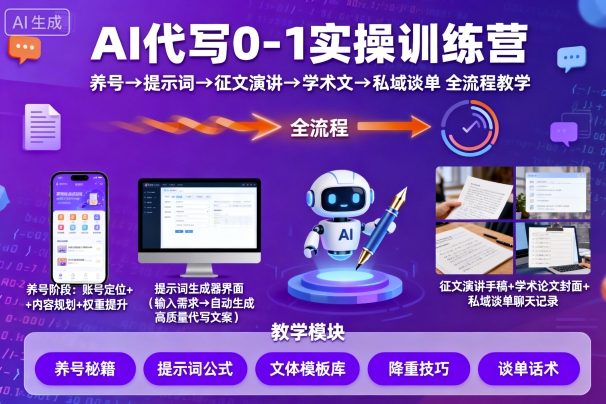AI代写0-1实操训练营，从养号、提示词、征文演讲、学术文，到私域谈单的全流程教学-升阶有道