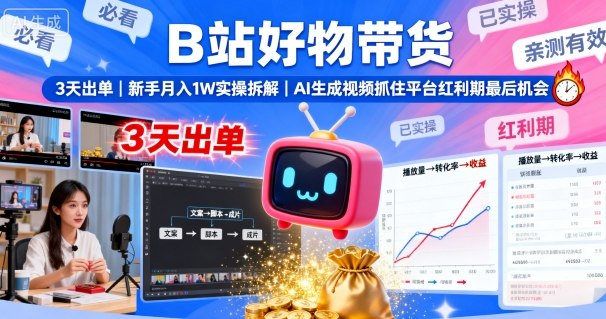 B站好物带货，3天出单，新手月入1W实操拆解，AI生成视频，抓住平台红利期最后机会-升阶有道