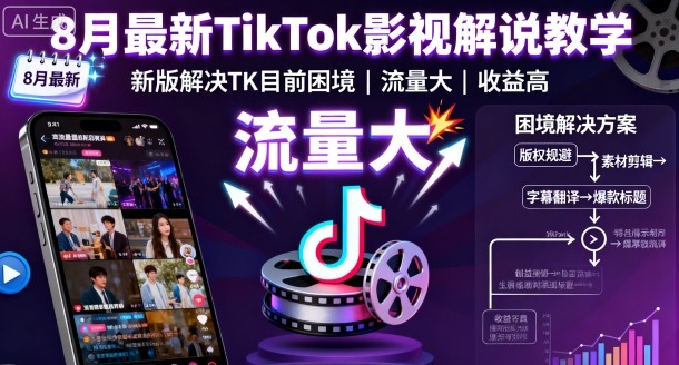 8月最新TikTok影视解说教学，新版解决TK目前困境，流量大，收益高-升阶有道