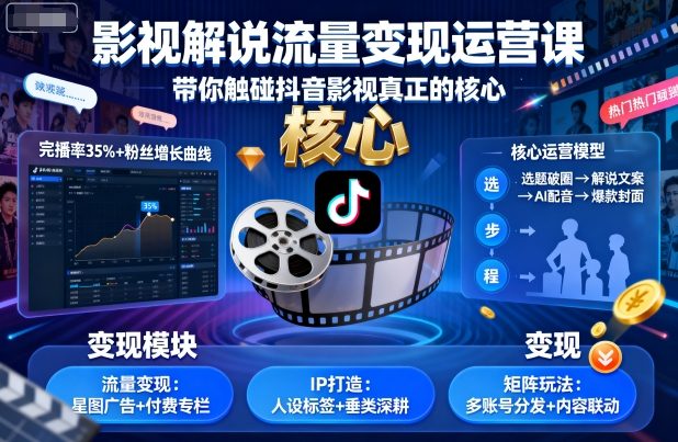 影视解说流量变现运营课，带你触碰抖音影视真正的核心-升阶有道