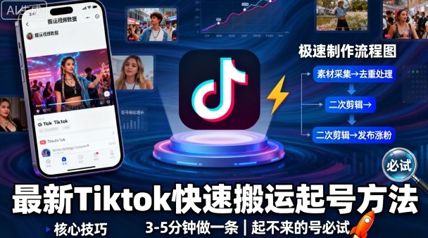 最新Tiktok快速搬运快速起号方法，3-5分钟做一条，起不来的号可以试试-升阶有道