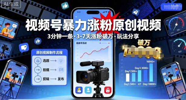 视频号暴力涨粉原创视频，3分钟一条原创视频，3-7天涨粉破万，玩法分享给你-升阶有道