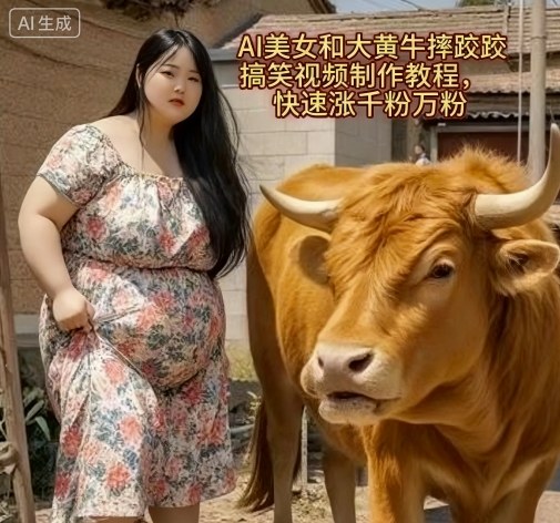 AI美女和大黄牛摔跤搞笑荒诞视频制作教程，快速涨千粉万粉-升阶有道