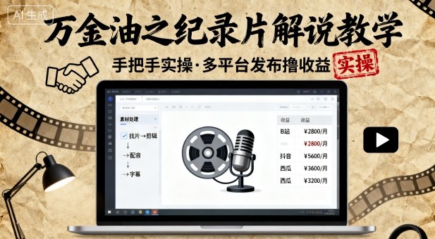 万金油之纪录片解说教学，手把手教你，完全实操，多平台发布撸收益-升阶有道