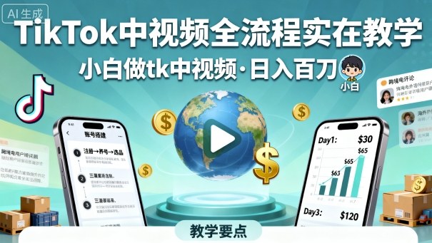 TikTok中视频全流程实操教学，小白做tk中视频，日入百刀-升阶有道