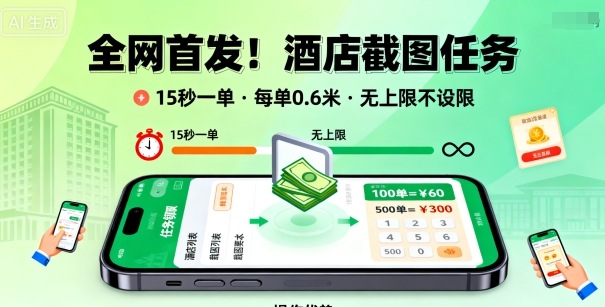 全网首发！酒店截图任务，15秒一单，每单0.6米，任务无上限不设限，矩阵操作单日3张到手【揭秘】-升阶有道