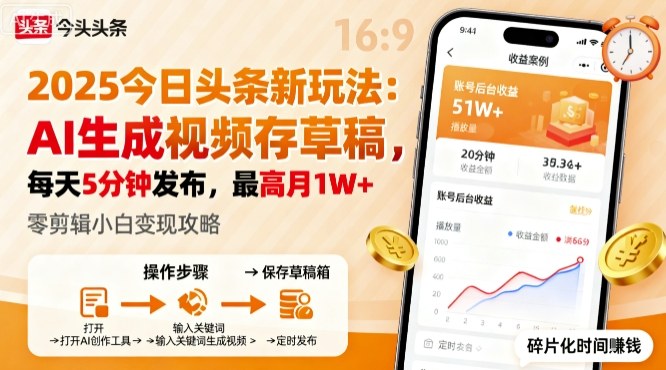 2025年今日头条躺賺新玩法，AI生成视频存草稿，每天5分钟发布，最高月1W+【揭秘】-升阶有道