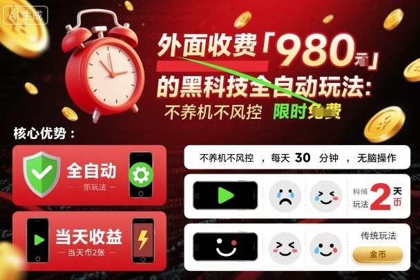 外面收费980的黑科技全自动玩法，不养机不风控，每天30分钟，无脑操作，当天收益2张【揭秘】-升阶有道